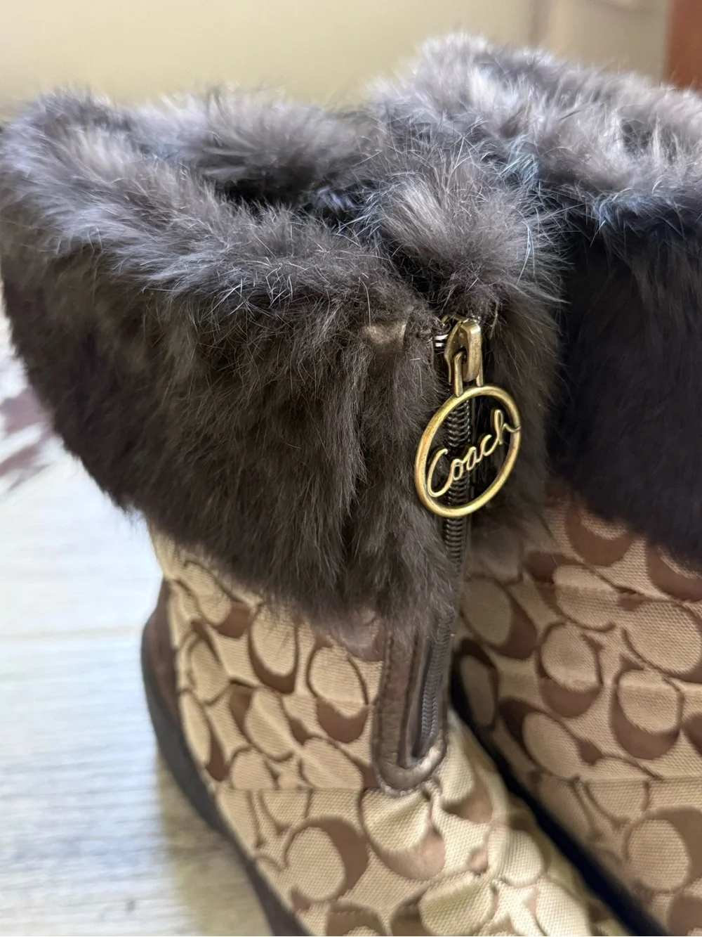 Coach “Faith” Logo Jacquard Rabbit-Fur Trim Winter Boots size 6.5